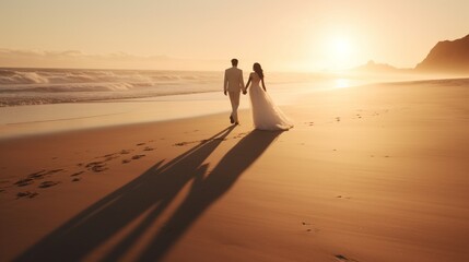 A bride and groom holding hands and walking along a sunlit beach