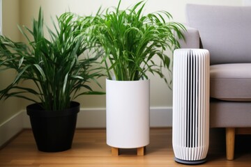 sleek white air purifier near a potted plant
