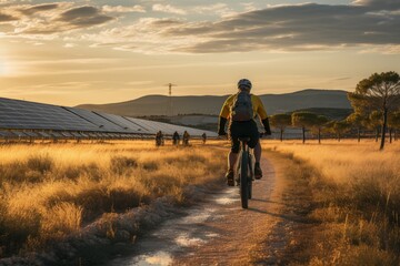 castilla y leon, . man from behind leaning on bicycle looking at wind power towers and solar farm in rural setting at sunset - obrazy, fototapety, plakaty