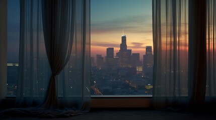 Fototapeta na wymiar Drapes cascading gracefully, framing the urban panorama as daylight transitions to twilight.