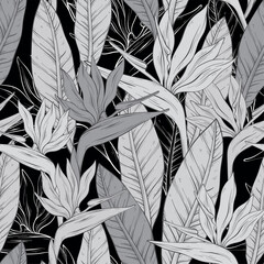 monochrome pattern with tropical bird of paradise