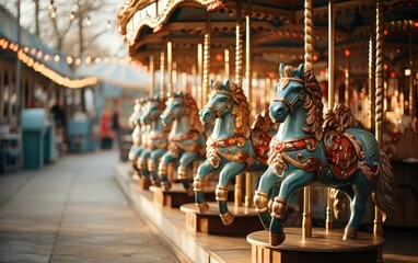 Amusement park with carousels and attractions for children - obrazy, fototapety, plakaty