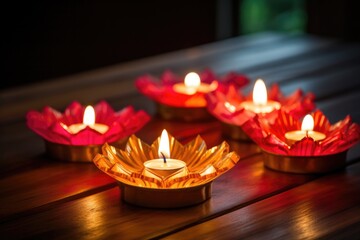 indian diyas lit on a wooden table