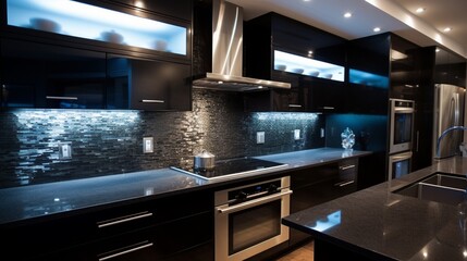 A contemporary kitchen featuring a sleek glass backsplash and sophisticated black appliances.