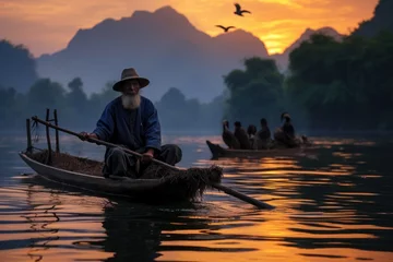 Papier Peint photo autocollant Guilin cormorant fisherman on the li river, guilin, yangshuo,