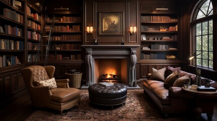 A private study with built-in bookshelves and a warmly glowing fireplace.