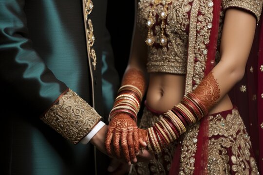 indian wedding couple with ornate hand decorations