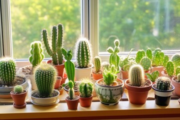 multiple cactus plants, varying in size, on a window sill