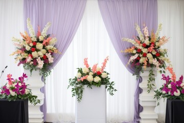 professionally decorated podium with flower arrangements