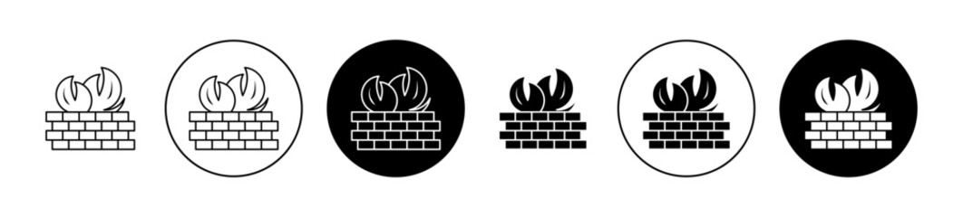 Brick wall and fire Vector Icon Set. Computer firewall symbol in black filled and outlined style. - obrazy, fototapety, plakaty