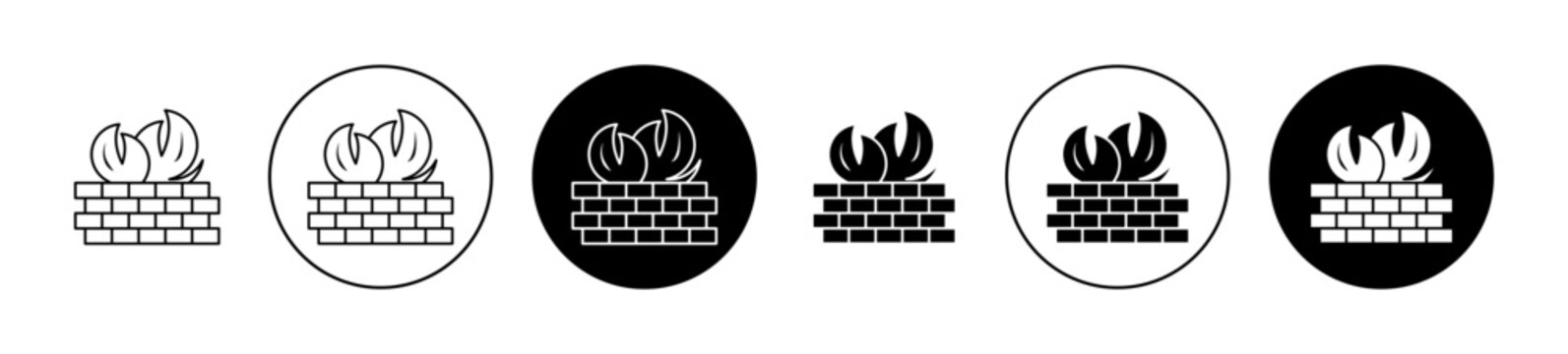Brick wall and fire Vector Icon Set. Computer firewall symbol in black filled and outlined style.