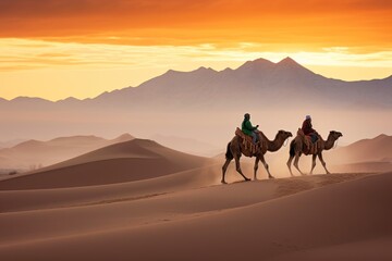 Fototapeta na wymiar man riding through the desert with two camels, gobi desert,