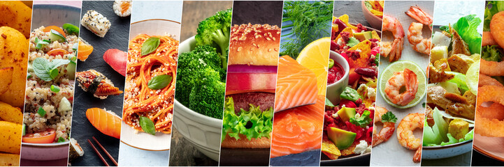 Food collage layout. A variety of dishes, a collection for a restaurant banner. International...