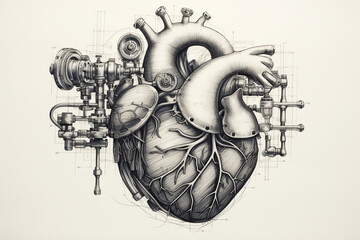 Ink or pencil drawing of mechanical human heart on paper. Retro vintage, pop-art, steam punk style. Generative AI