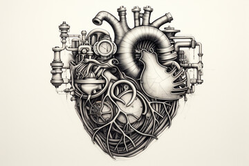 Ink or pencil drawing of mechanical human heart on paper. Retro vintage, pop-art, steam punk style. Generative AI