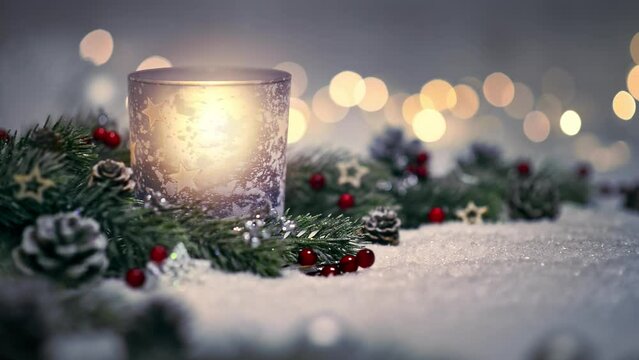 Christmas decoration with glowing lamp, ornaments and bokeh lights in the background, a slow elegant seasonal footage
