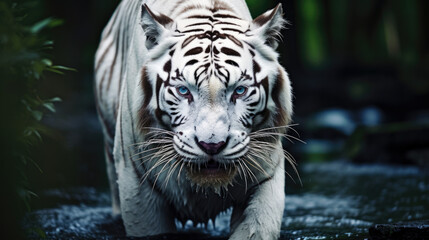 White tiger with black stripes laying down in a wood.