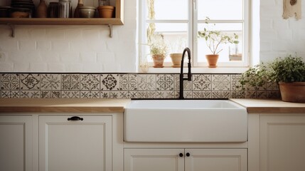 Fototapeta na wymiar A high-end kitchen with an expansive farmhouse sink and an intricately patterned tile floor.