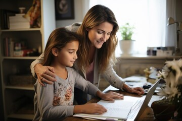 mother helping tween daughter with homework at laptop in home office