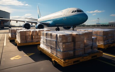 Loading of goods on board a cargo plane, airport , Business logistic