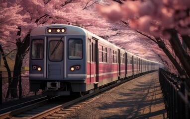 Obraz premium Train Under The Cherry Blossom Trees Background