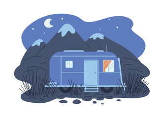 Camper van standing among mountains, night landscape flat style, vector illustration