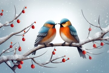 Two birds in love perched on a branch in the snow, concept of starting spring