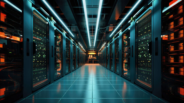 Stand with server hardware and lighting in the server room motion blur.