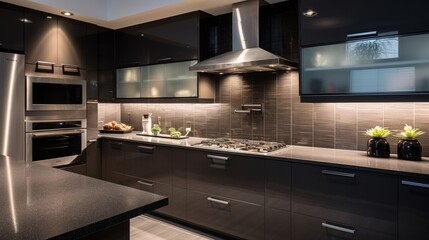 A modern kitchen with a sleek glass backsplash and state-of-the-art black appliances.