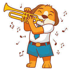 The dog plays the trumpet.Animal musician character.A student to study at a music school on the trumpet. Musical notation.Line art vector illustration.Student in school uniform