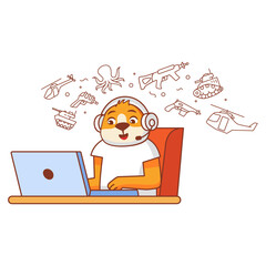 Character is a dog boy in headphones play video games on pc.Child gamer enjoy on computer.Gaming laptop and headphones.Isolated on white background.Young school kid dog.Playing computer game.