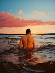 man in a sea on sunset
