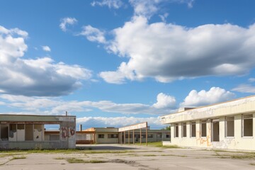 modern school building beside a crumbling, outdated one under a bright sky