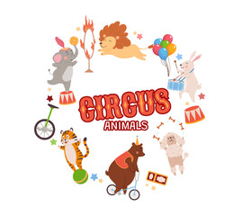 Cartoon circus animals performing acrobat tricks vector poster, lion jumping through a ring of fire, bear on a bicycle