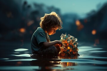 Sad child looking at plastic soup in ocean, water pollution
