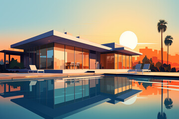 Modern country house villa in a minimalist cubic style with swimming pool, illustration of a vacation on the sea coast, sunset view