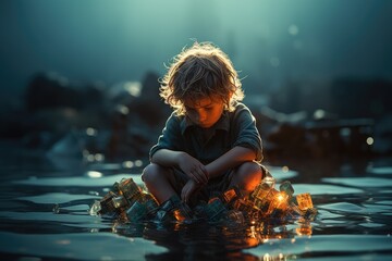 Sad child looking at plastic soup in ocean, water pollution