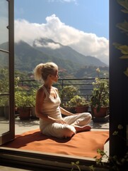 Middle-aged woman practicing yoga on a balcony
