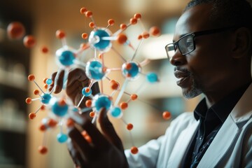 mixed race scientist examining molecular model