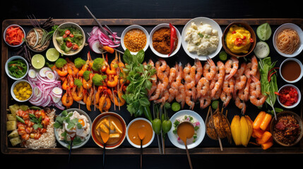 Top view of a Thai street food on table. - obrazy, fototapety, plakaty