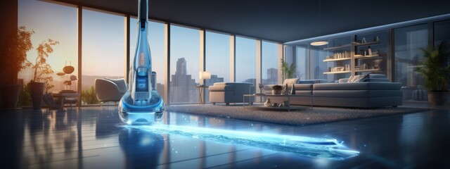 Wireless futuristic vacuum hoover cleaning machine working on schedule in a living room with HUD datum data and controls, concept of internet of things and smart home appliances a wide banner design