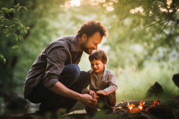 father with his little boy playing with him in nature. - obrazy, fototapety, plakaty