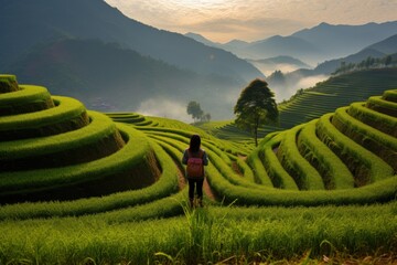 rear view of a woman standing in terraced rice field, mu cang chai, yen bai,