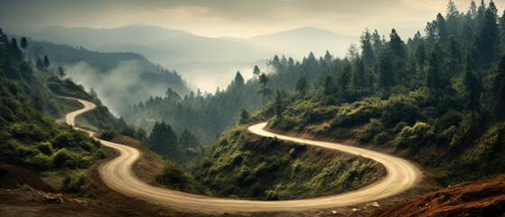 A winding dirt forest road