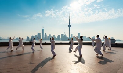 people practice taiji on the bund, oriental pearl tower in the distance,  in shanghai, - obrazy, fototapety, plakaty