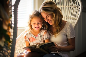 playful caucasian mother biting shoulder of daughter reading book