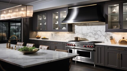 A streamlined culinary haven boasting a focal-point hood and below-cabinet illumination.
