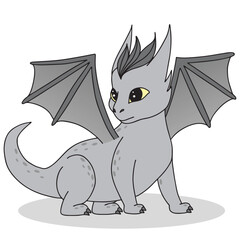 Little cute cartoon gray dragon with horns, tail and wings. Funny fantasy character, young mythical reptile monster. Vector illustration on white background