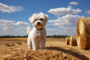 Sweet little maltese pet dog. Amazing landscape, rural scene with clouds, tree and empty road summertime, fields of haystack next to the road