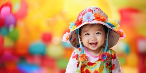 Cheerful asian baby in colorful attire against a vibrant background , concept of Joyful innocence